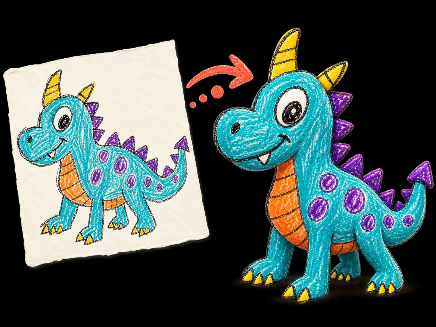 A flat crayon dragon drawing becoming the same character as a three-dimensional toy