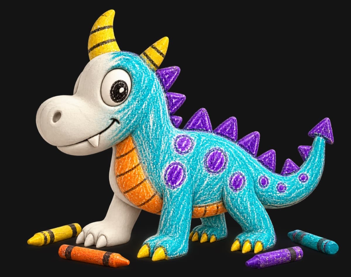 A colorful three-dimensional dragon with crayon-textured surfaces and crayons around it
