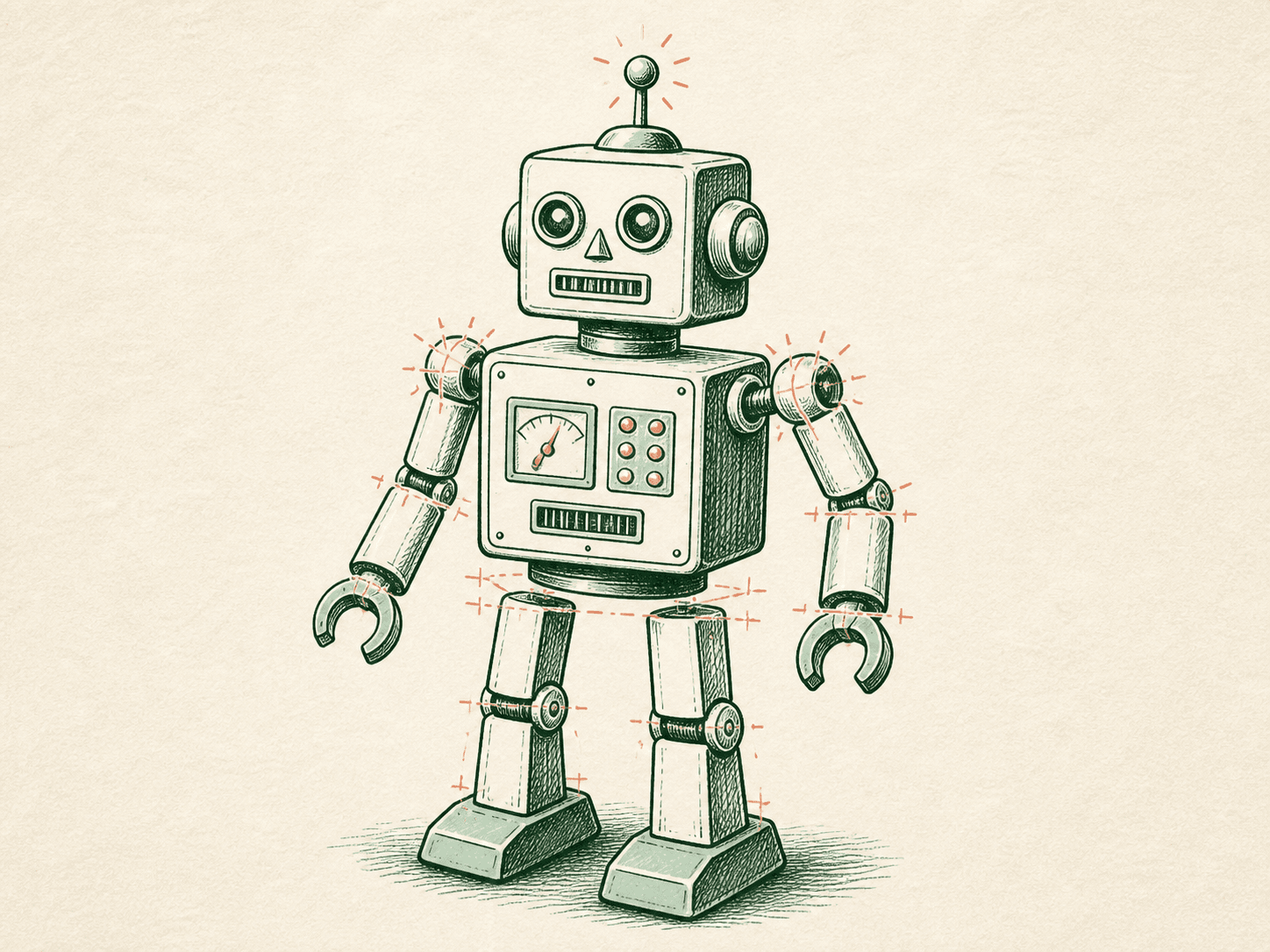 A robot sketch with separated arms, legs and clearly readable joints