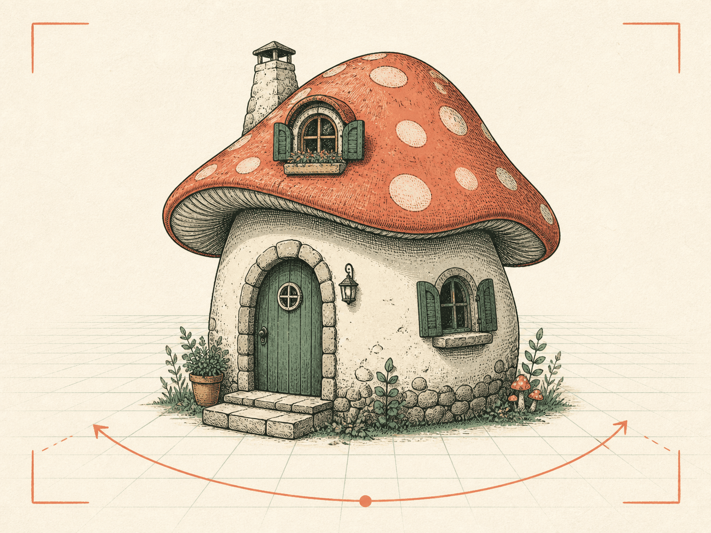 A mushroom cottage drawing shown from a consistent three-quarter view